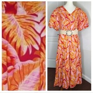 Gibson Latimer Maxi Dress XL Puff Sleeve Tiered Tropical Print Poplin